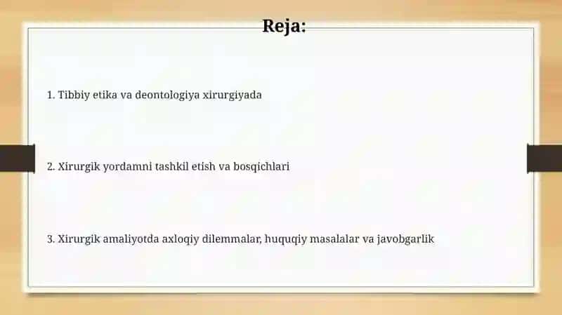 Tibbiy etika va diantalogiya. Xirurgik yordam tashkil etish 2