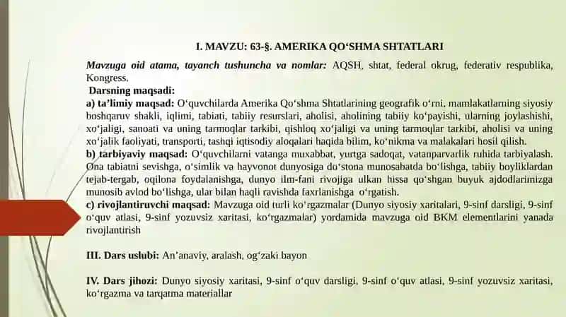 Amerika qo'shma shtatlari AQSH dars ishlanma 2