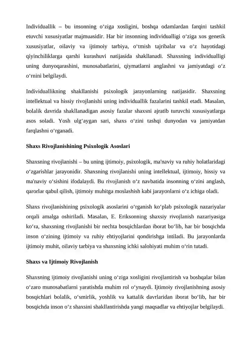 SHAXS INSON INDIVIDUALLIGI VA UNING RIVOJLANISHI 2