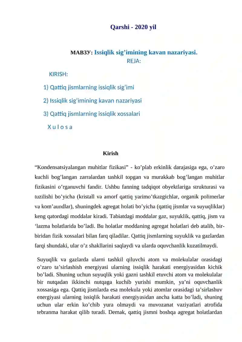 Issiqlik sig’imining kavan nazariyasi 2
