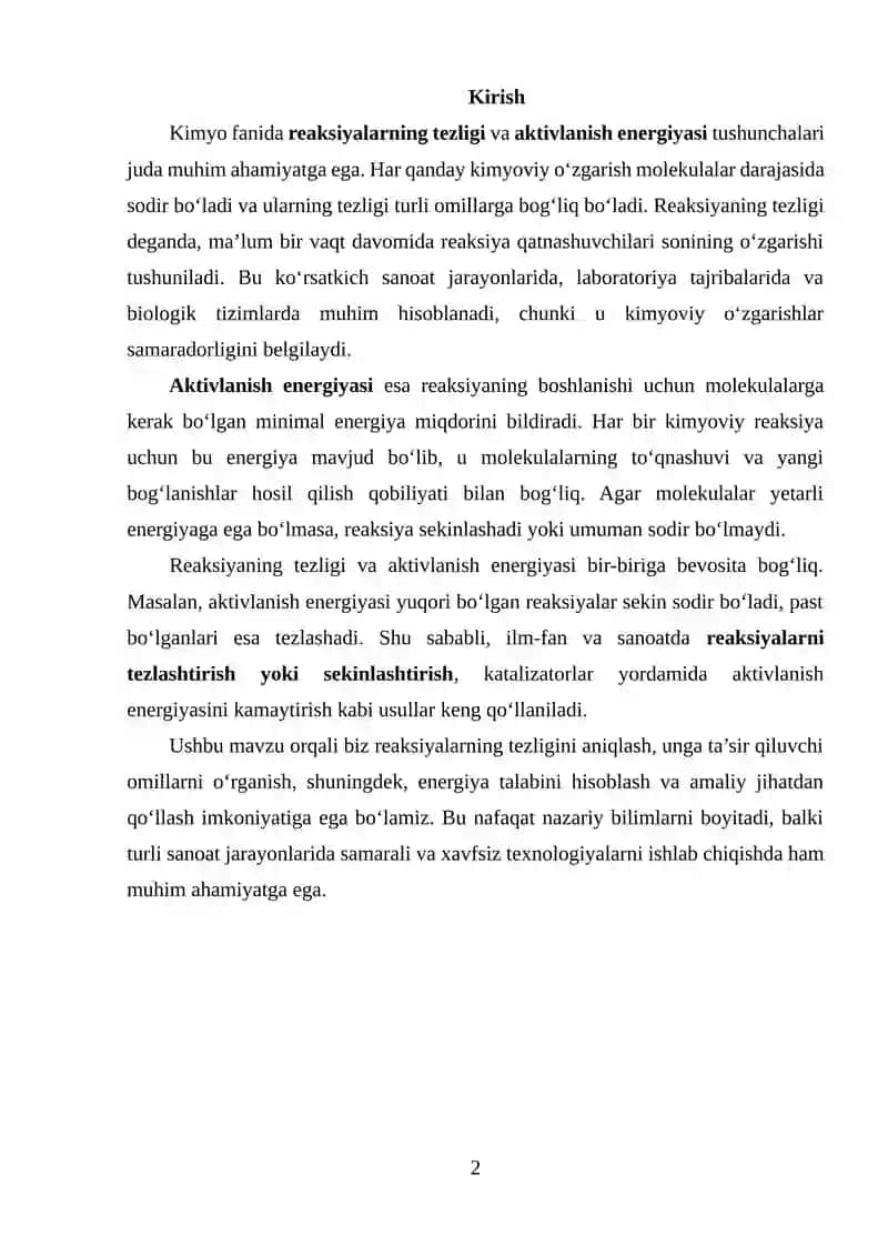 Reaksiyaning tezligi va aktivlanish energiyasi 2