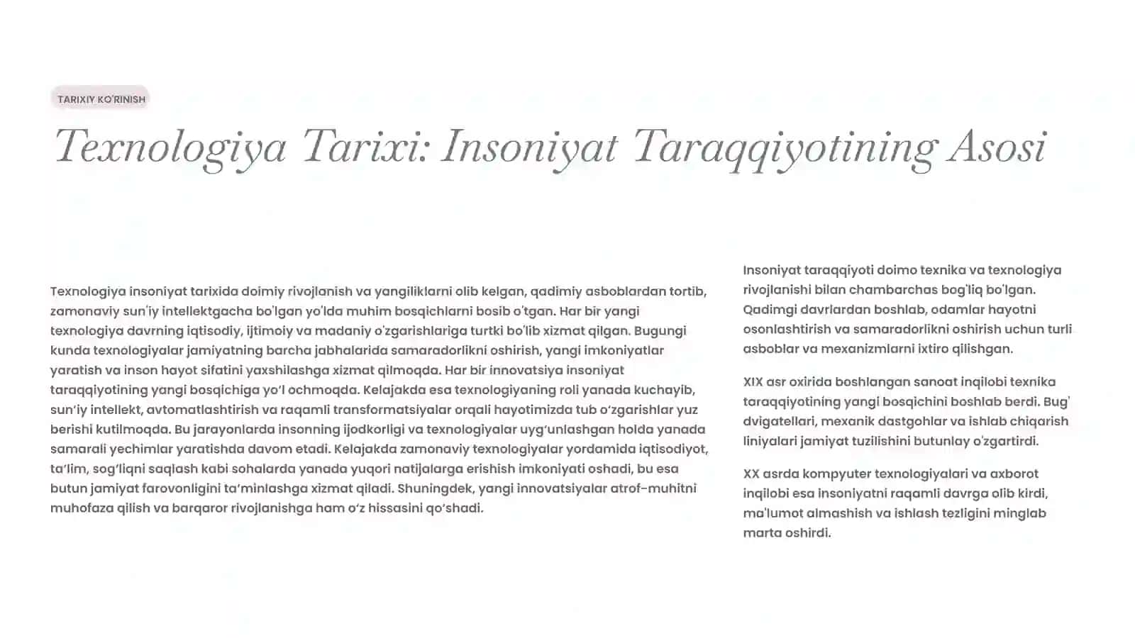 Texnika va Texnologiya Rivojlanishining O'rni 2