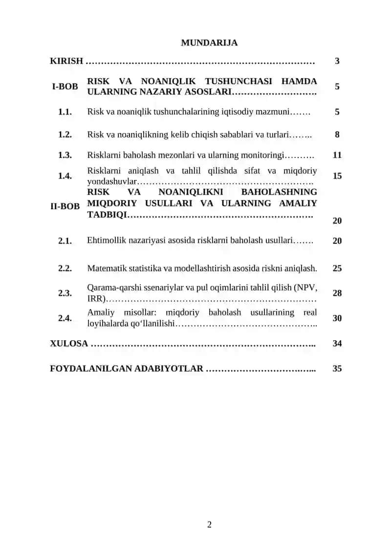 RISK VA NOANIQLIKNI BAHOLASHNING MIQDORIY USULLARI 2