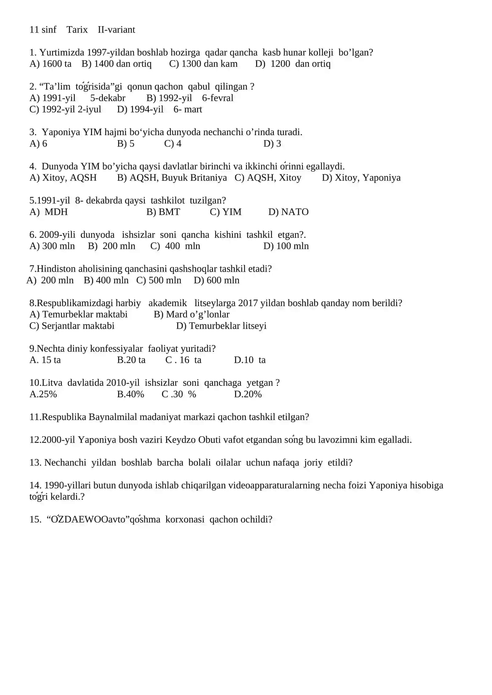 11 sinf Tarix I-variant 2