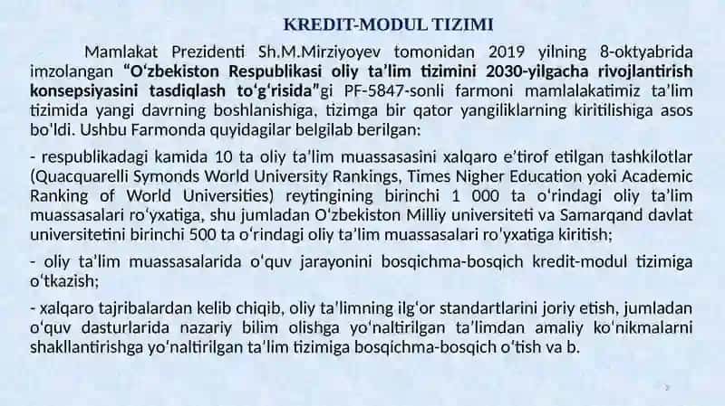 OLIY TA’LIM TIZIMIDA KREDIT-MODUL TIZIMI 2