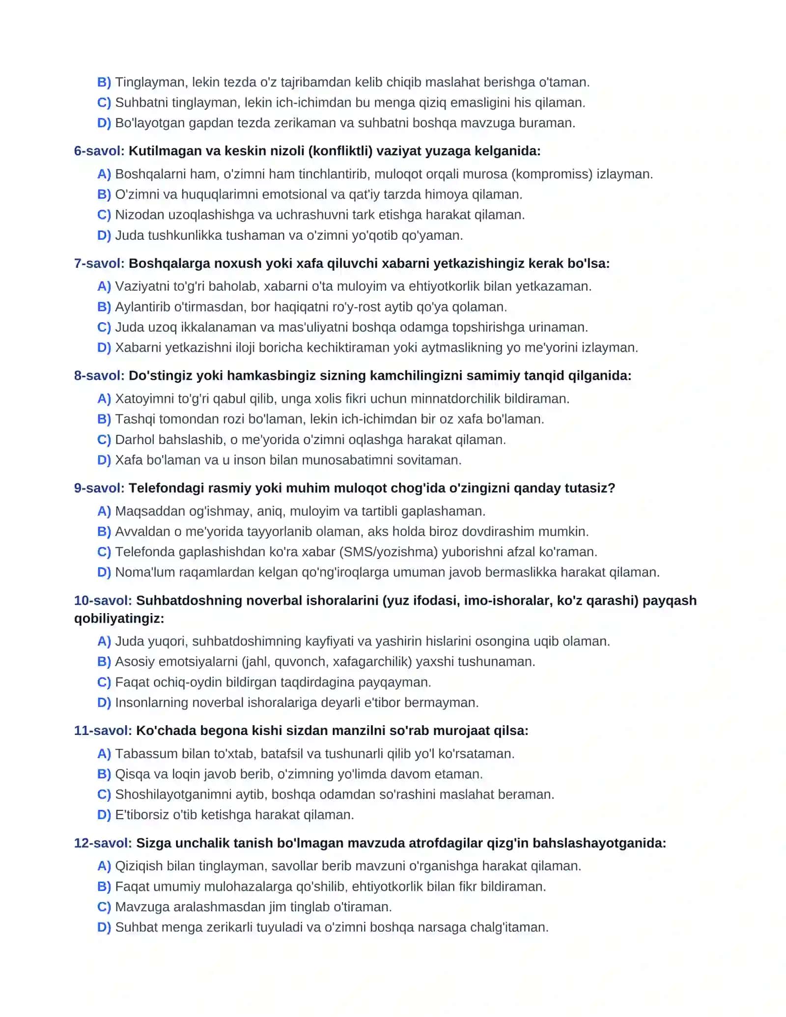 Muloqotchanlikning darajasini aniqlash uchun 4o ta test javoblari bilan 2