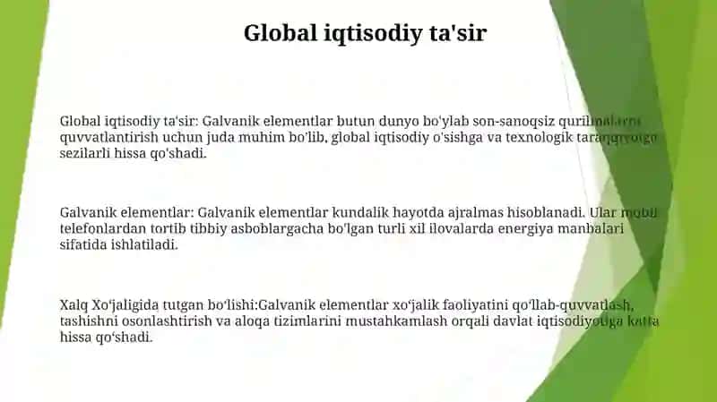 Galvanik Elementlarni Xalq XoʻJaligidagi OʻRni 2