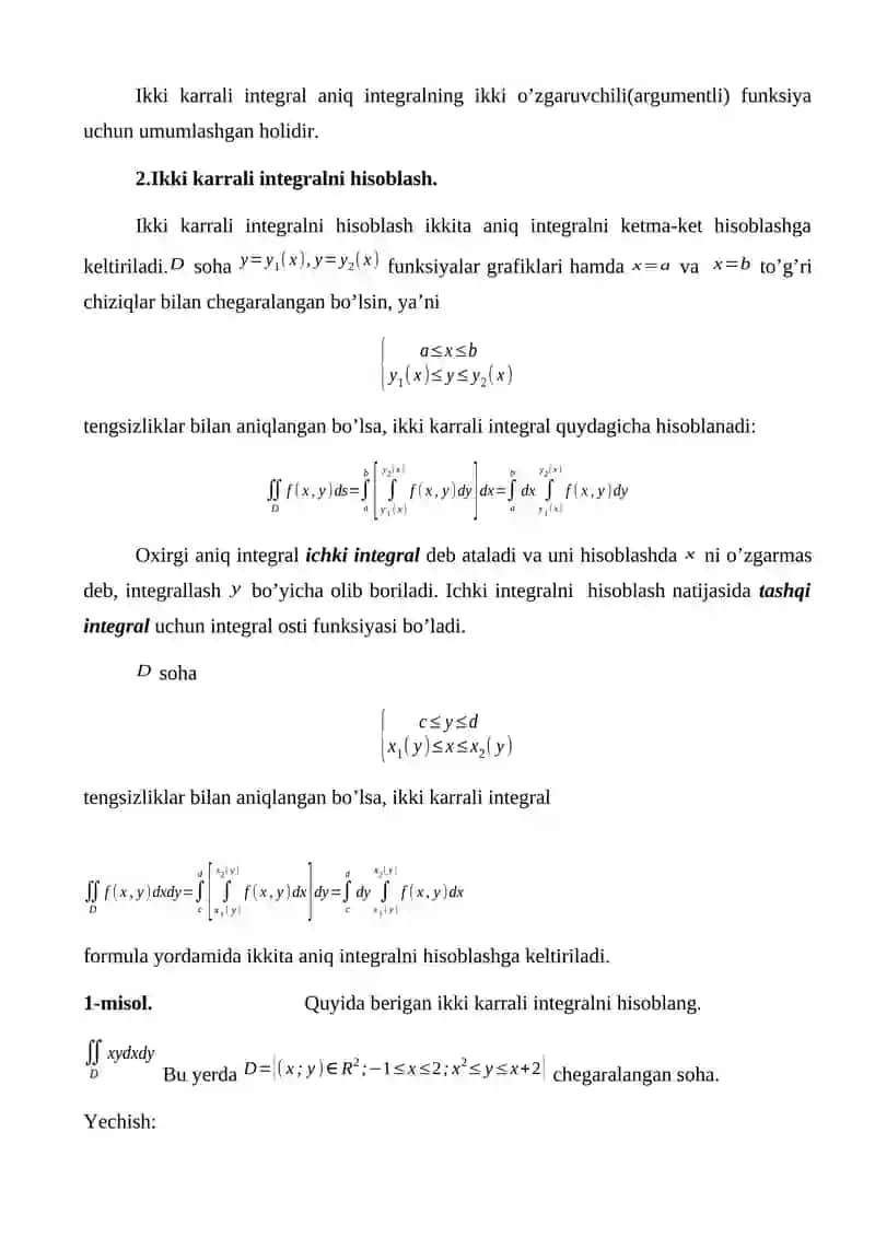 Ikki karrali integralning tatbiqlari va ular yordamida yuza va hajmini hisoblash 2
