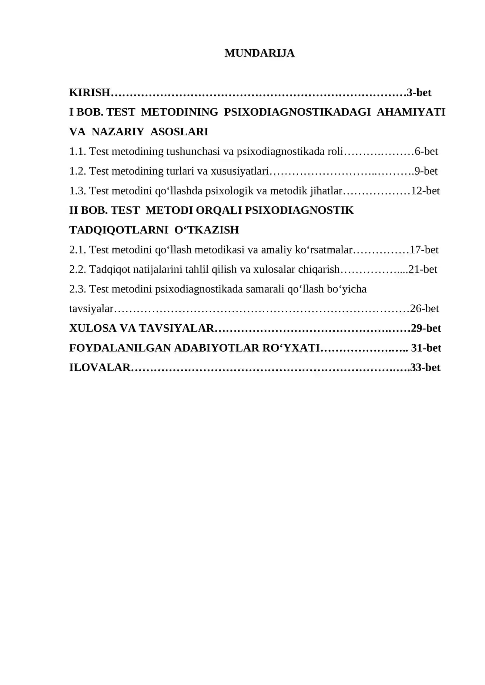 Psixodiagnostikani o'tkazishda test metodidan foydalanish kurs ishi 2