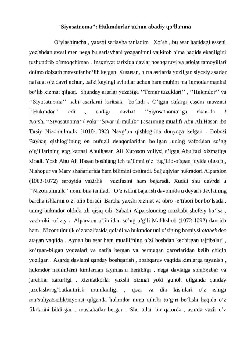 Nizomulmulkning ''Siyosatnoma''asari uchun esse. 2