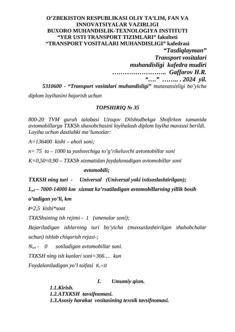 BUXORO MUHANDISLIK-TEXNOLOGIYA INSTITUTI "YER USTI TRANSPORT TIZIMLARI" fakulteti 2