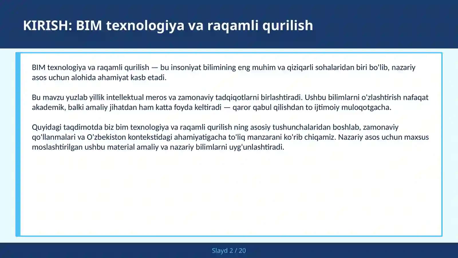 BIM TEXNOLOGIYA VA RAQAMLI QURILISH 2