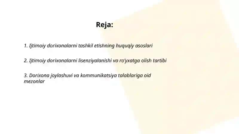 Ijtimoiy dorixonalarni tashkil qilish va joylashtirish tartibi,vazifa va funksiyalari 2