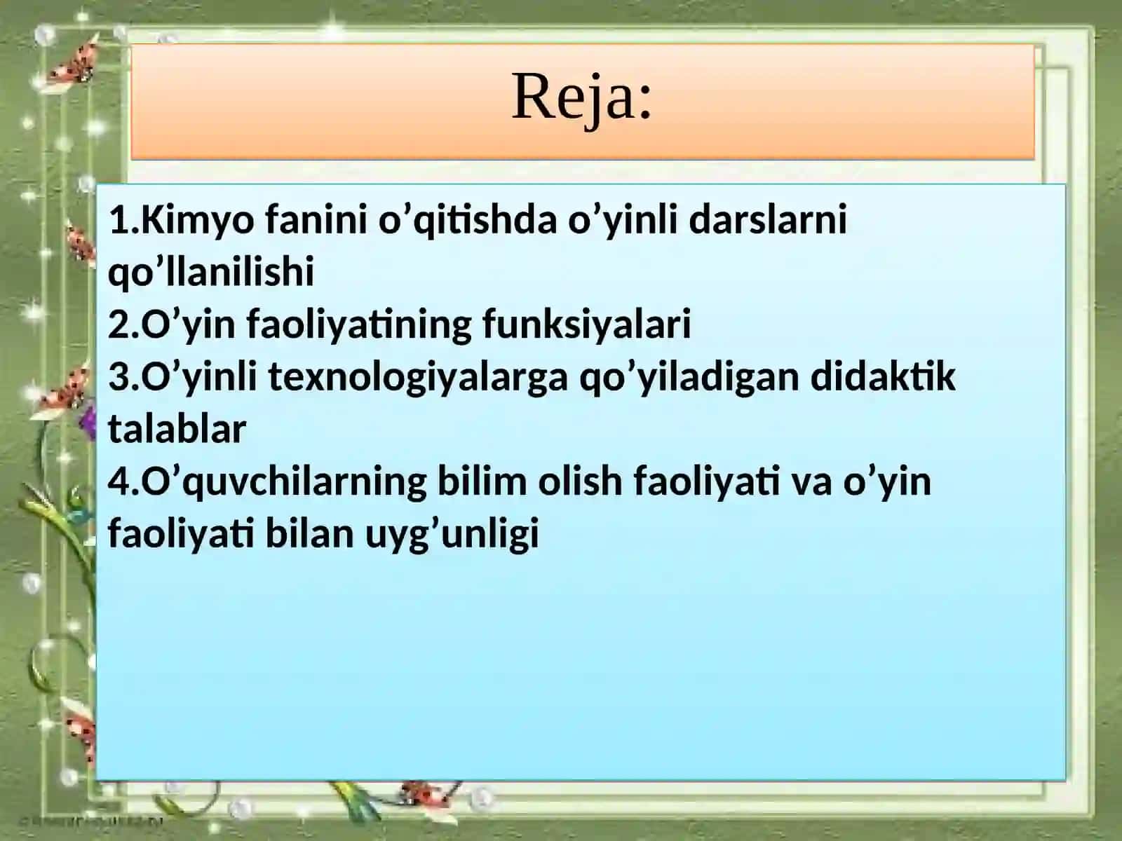 Kimyo fanini o’qitishda o’yinli texnologiyalar 2