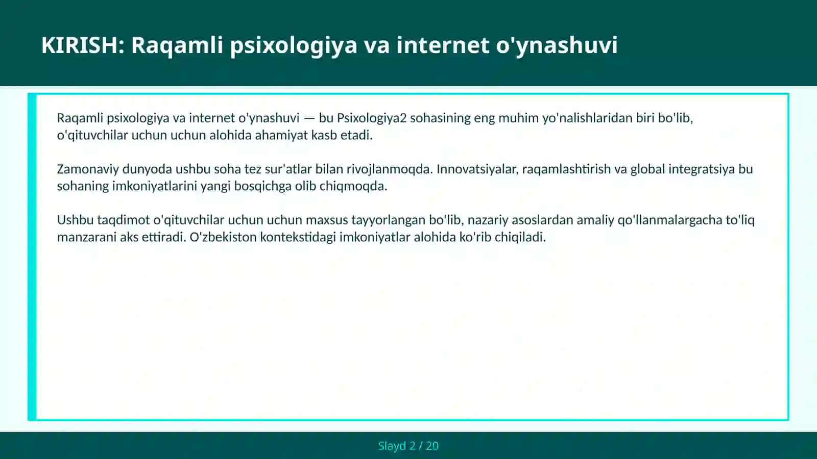 RAQAMLI PSIXOLOGIYA VA INTERNET O'YNASHUVI 2