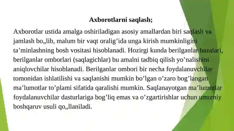 AXBOROTLARNI SAQLASH VA IZLASH TAMOYILLARI 2