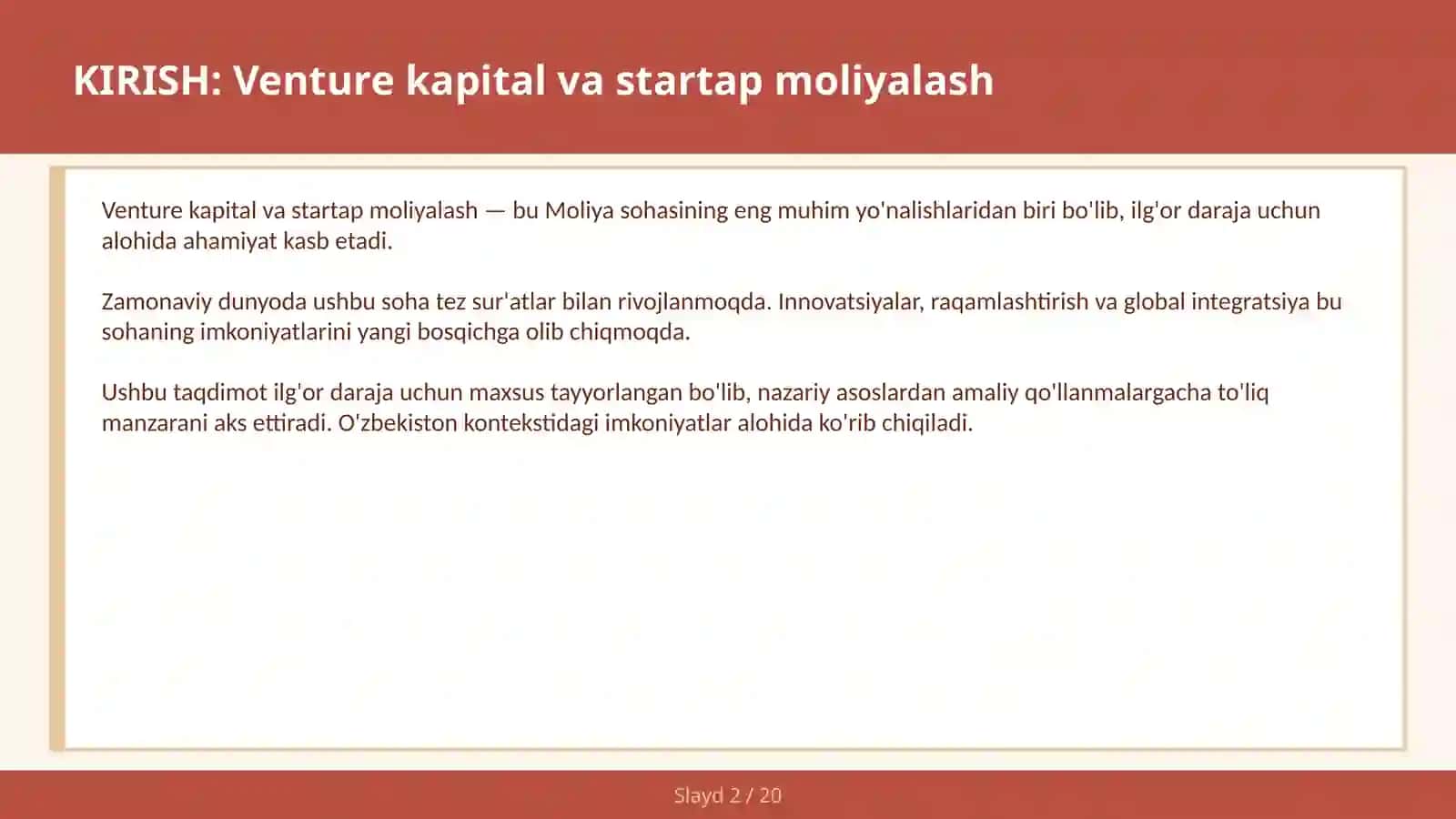 VENTURE KAPITAL VA STARTAP MOLIYALASH 2