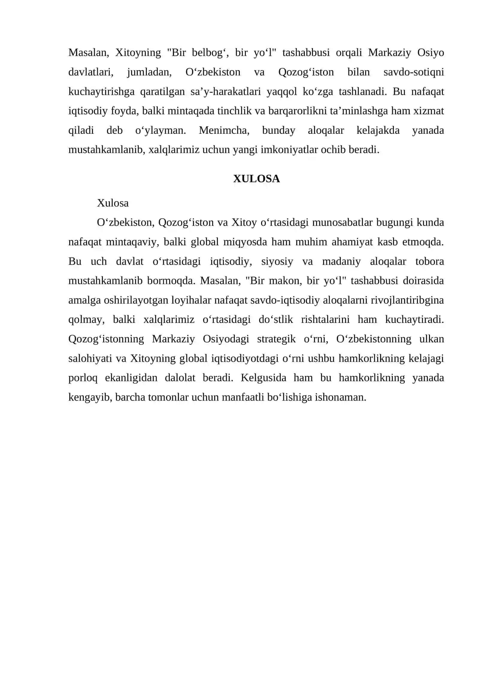 O’ZBEKISTON,QOZOG’ISTON VA XITOY MUNOSABATLARI 2