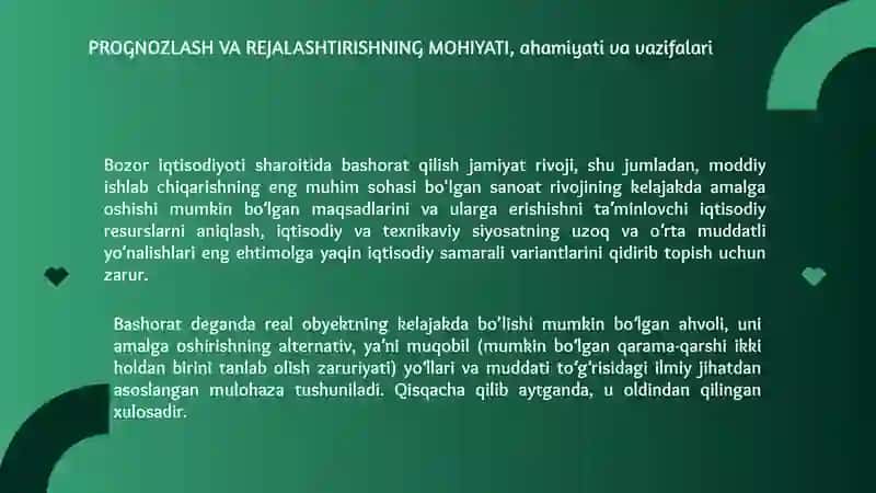 SANOAT ISHLAB CHIQARISHINI BASHORATLASH (PROGNOZLASH) VA REJALASHTIRISH 2