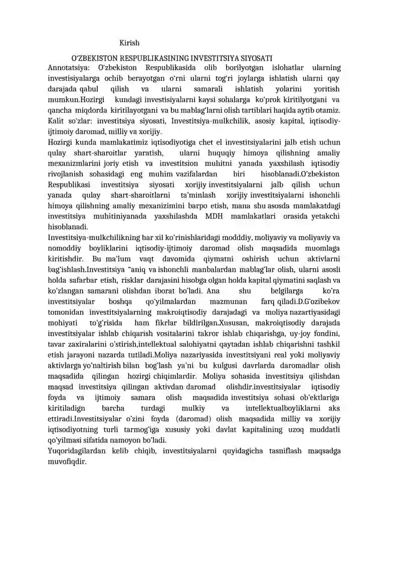 O‘zbekiston Respublikasining investitsion siyosati 2