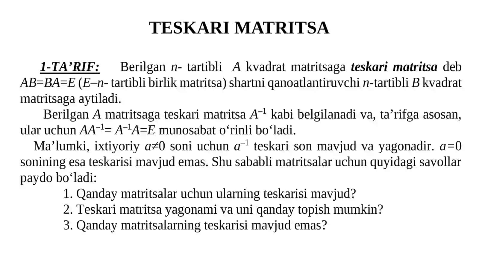 TЕSKARI MATRITSA. MATRITSANING RANGI 2