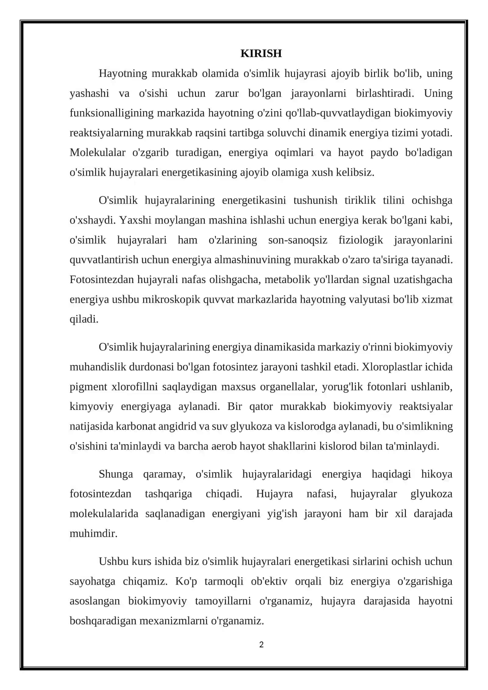 O’simlik hujayrasining energetikasi haqida 2