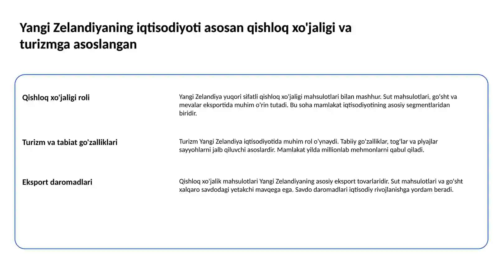 Yangi Zellandiyaning iqtisodiy, geografik va turistik tavsifi 2