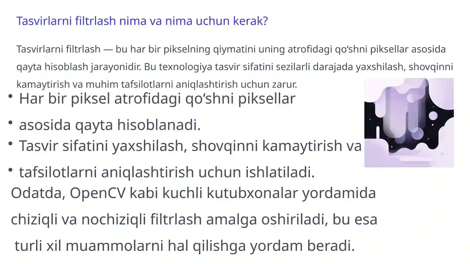 Tasvirlarni filtrlash va yetishmayotgan pikselni tiklash 2