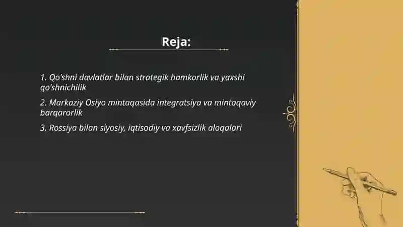 O’zbekistoning faol tashqi siyosatining muxim yo’nalishlari 2