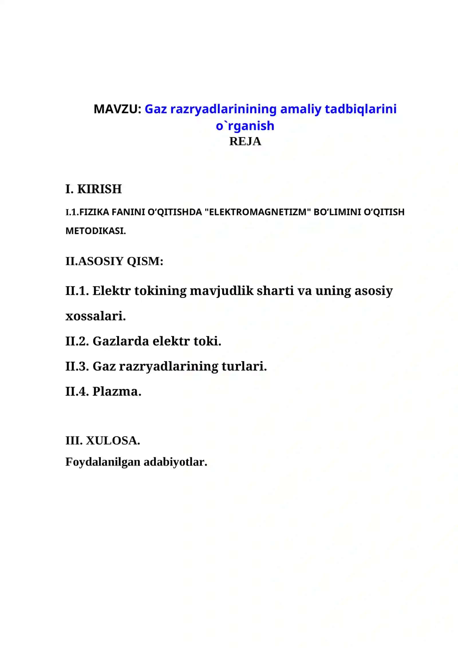 Gaz razryadlarinining amaliy tadbiqlarini o`rganish 2