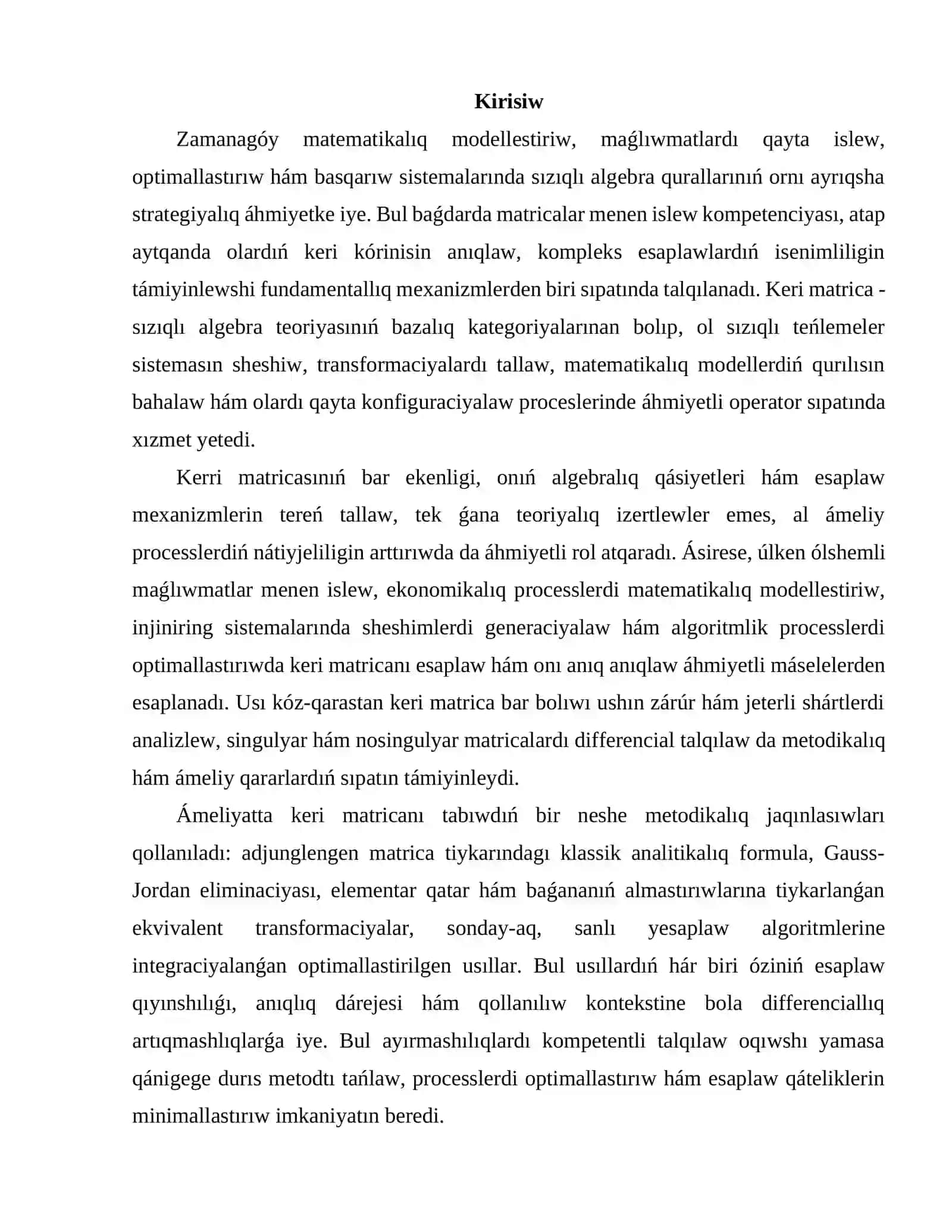Keri matrica. Keri matricanı esaplaw usılları 2