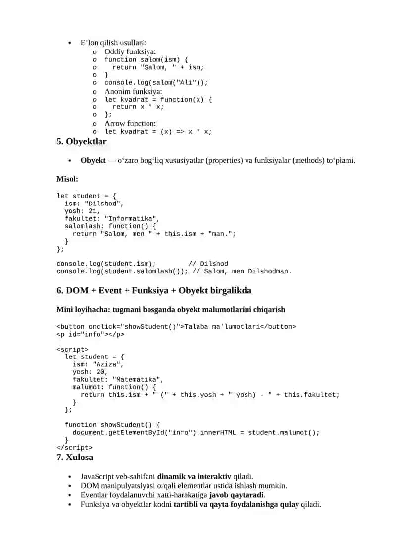 JavaScript asoslari – DOM manipulyatsiyasi, eventlar, funksiya va obyektlar 2