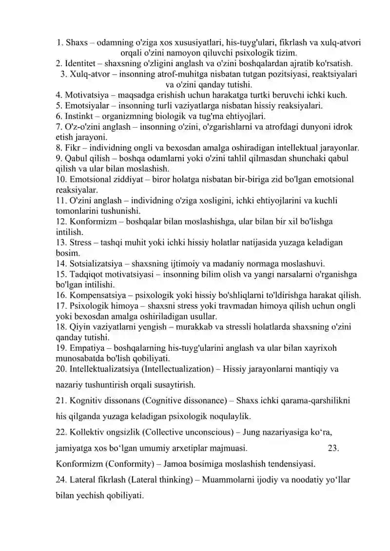 SHAXS PSIXOLOGIYASI BO’YICHA GLOSSARIY 2