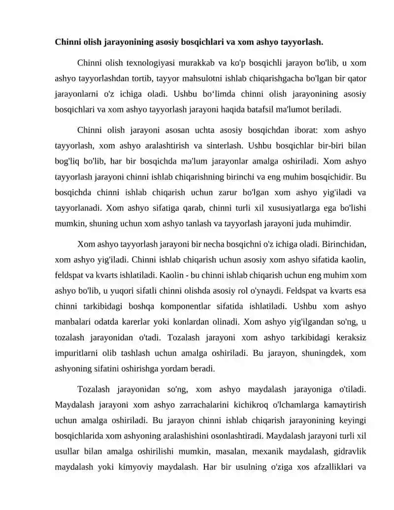 Chinni olish texnologiyasi. 2
