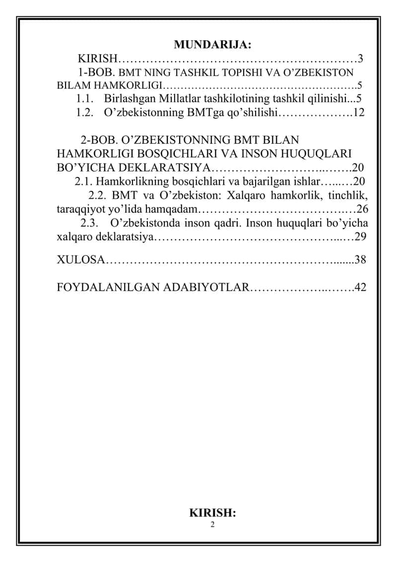 O’zbekostonning bmt bilan hamkorligi kurs ishi 2