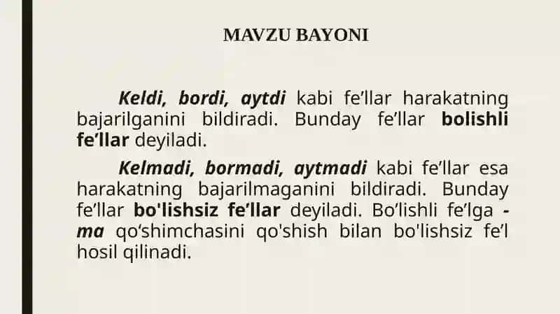 Boʻlishli va boʻlishsiz feʼllar 2