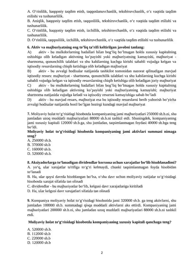 Moliyaviy hisobotlar test savollari 2