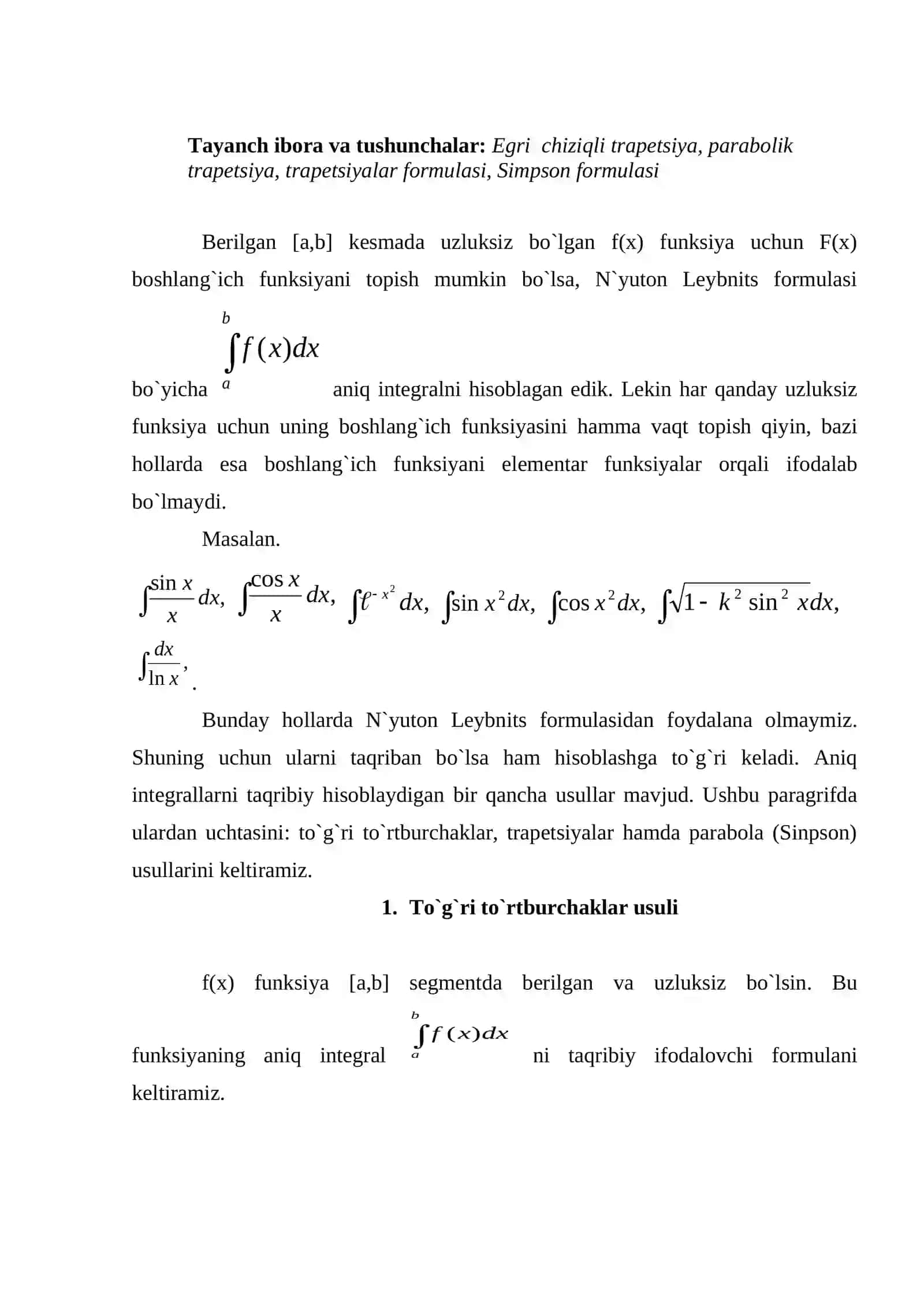 Aniq integralni taqribiy hisoblash 2