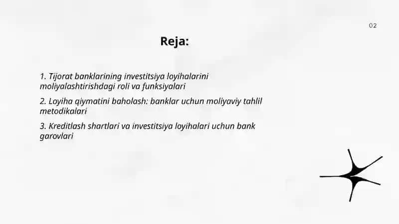 Tijorat banklarining investitsiya loyihalarini moliyalashtirishdagi roli va funksiyalari 2
