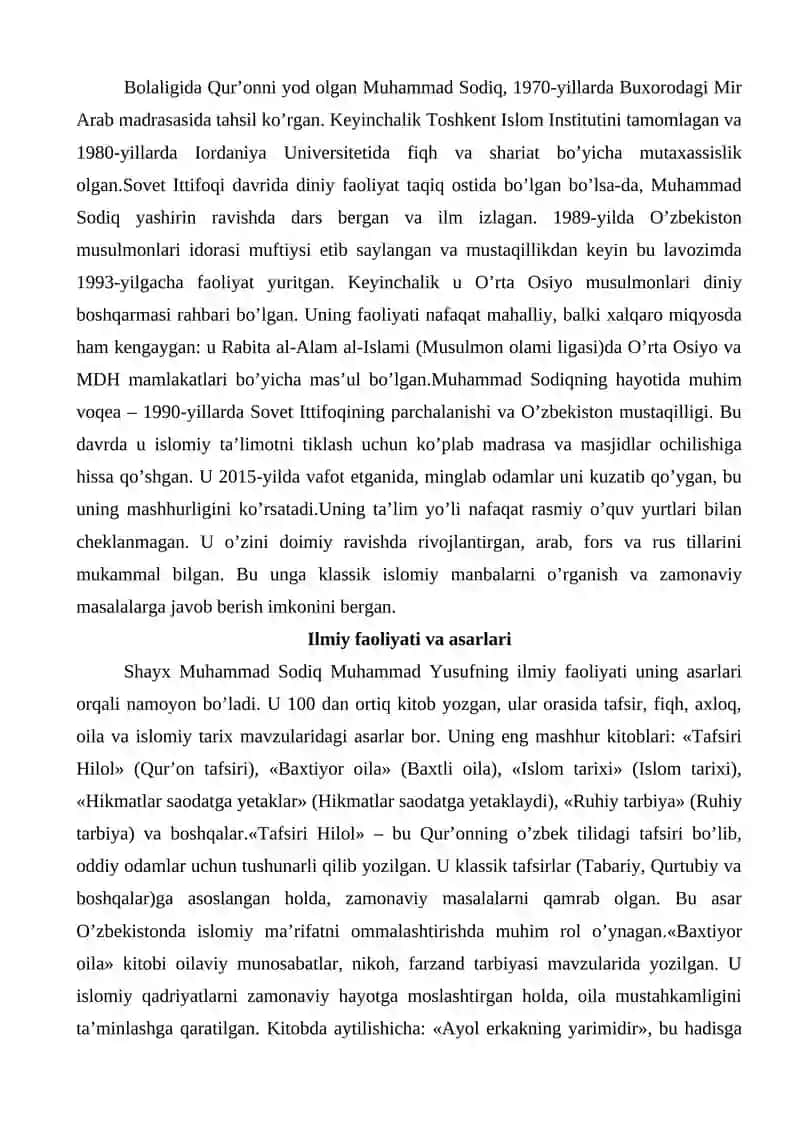 Shayx Muhammad Sodiq Muhammad Yusufning Islom dini rivojiga qo’shgan hissasi 2