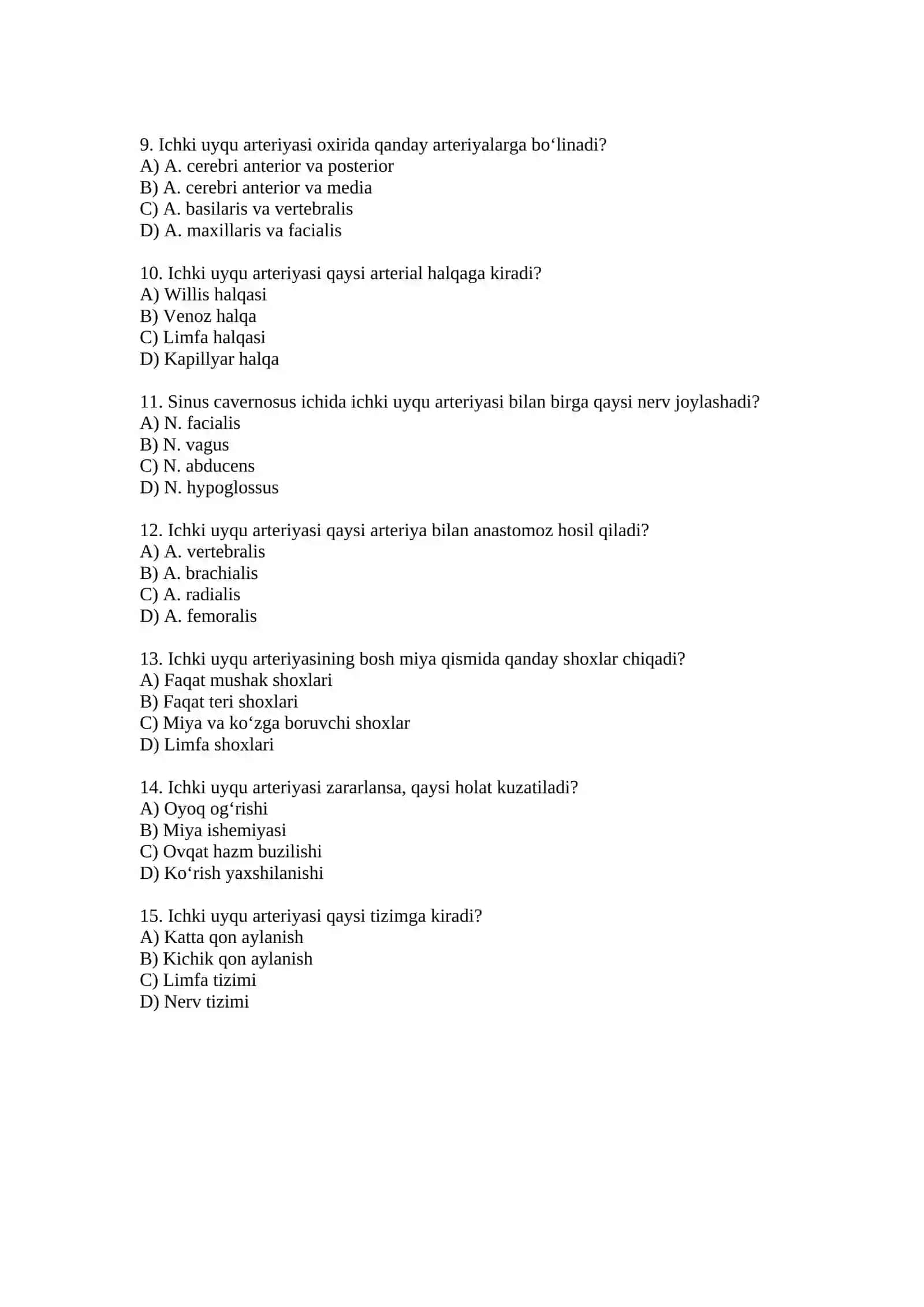 Ichki uyqu arteriyasi test savollari 2