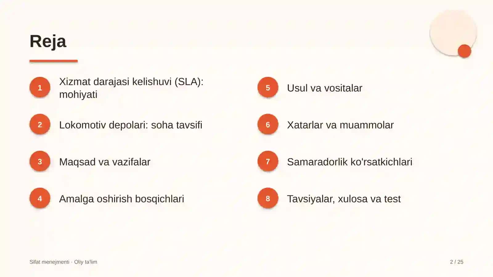 Lokomotiv depolarida xizmat ko'rsatish darajasi kelishuvlarini joriy etish 2