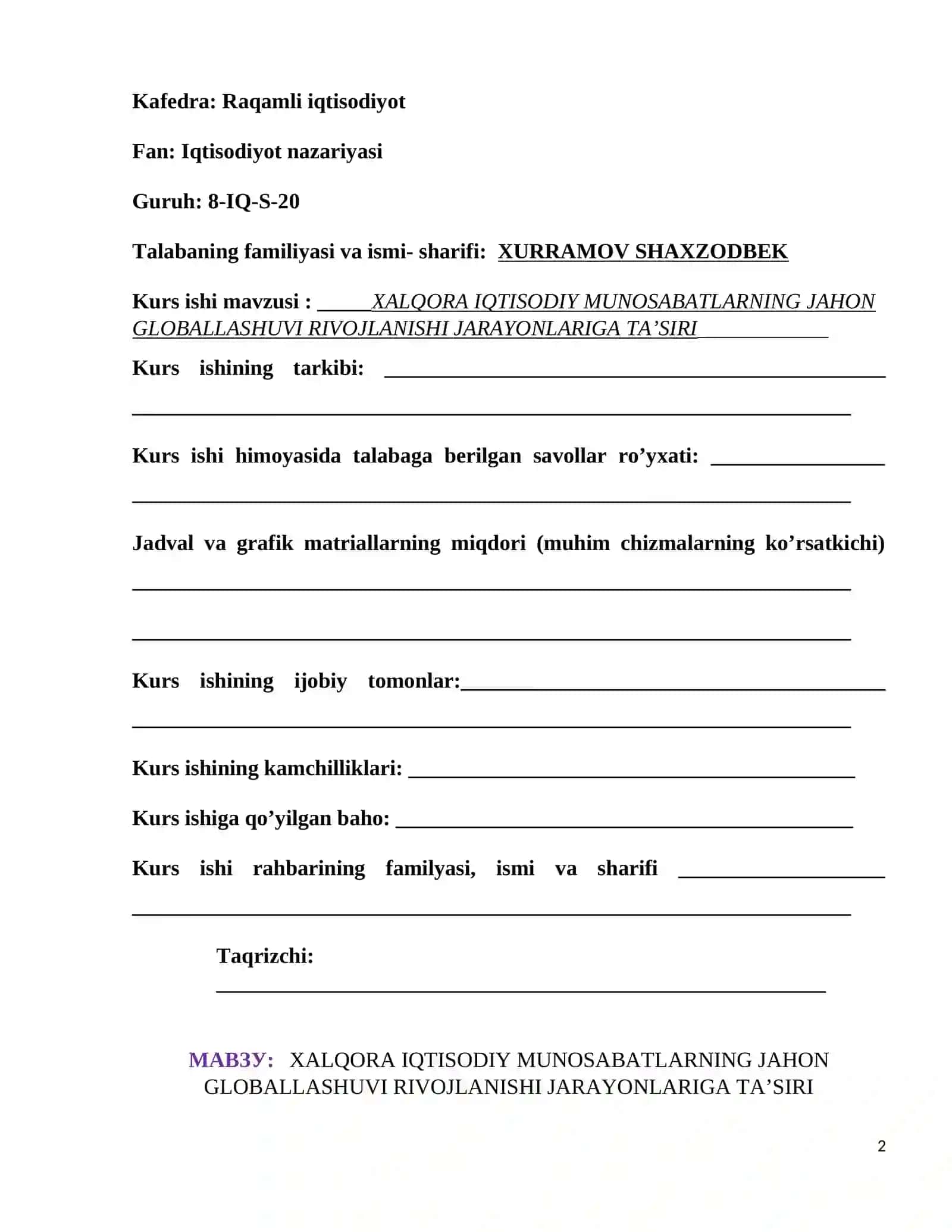 GLOBAL IQTISODIY RIVOJLANISH FANIDAN 2