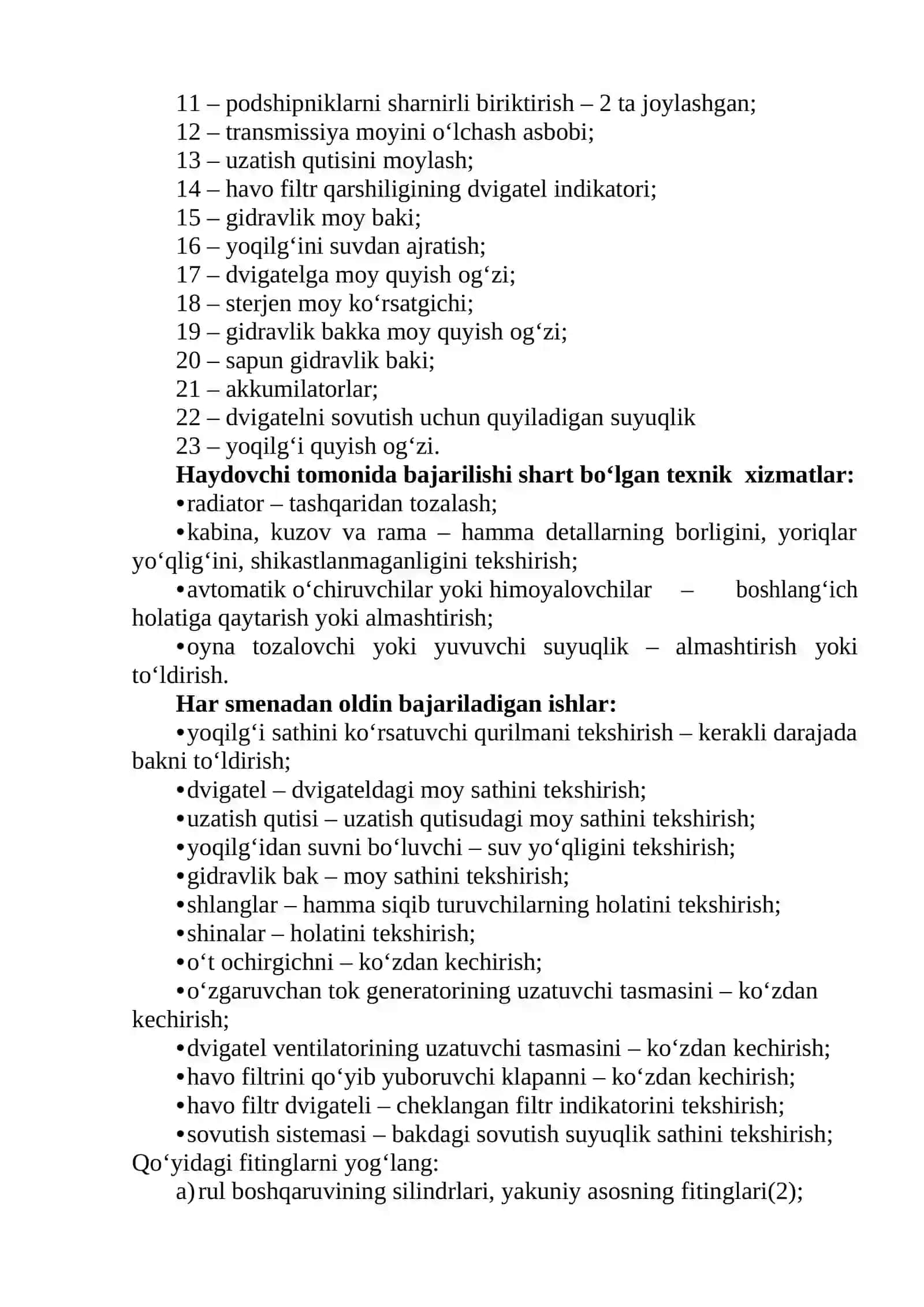 Kon avtosamosvallariga texnik xizmat ko‘rsatish 2