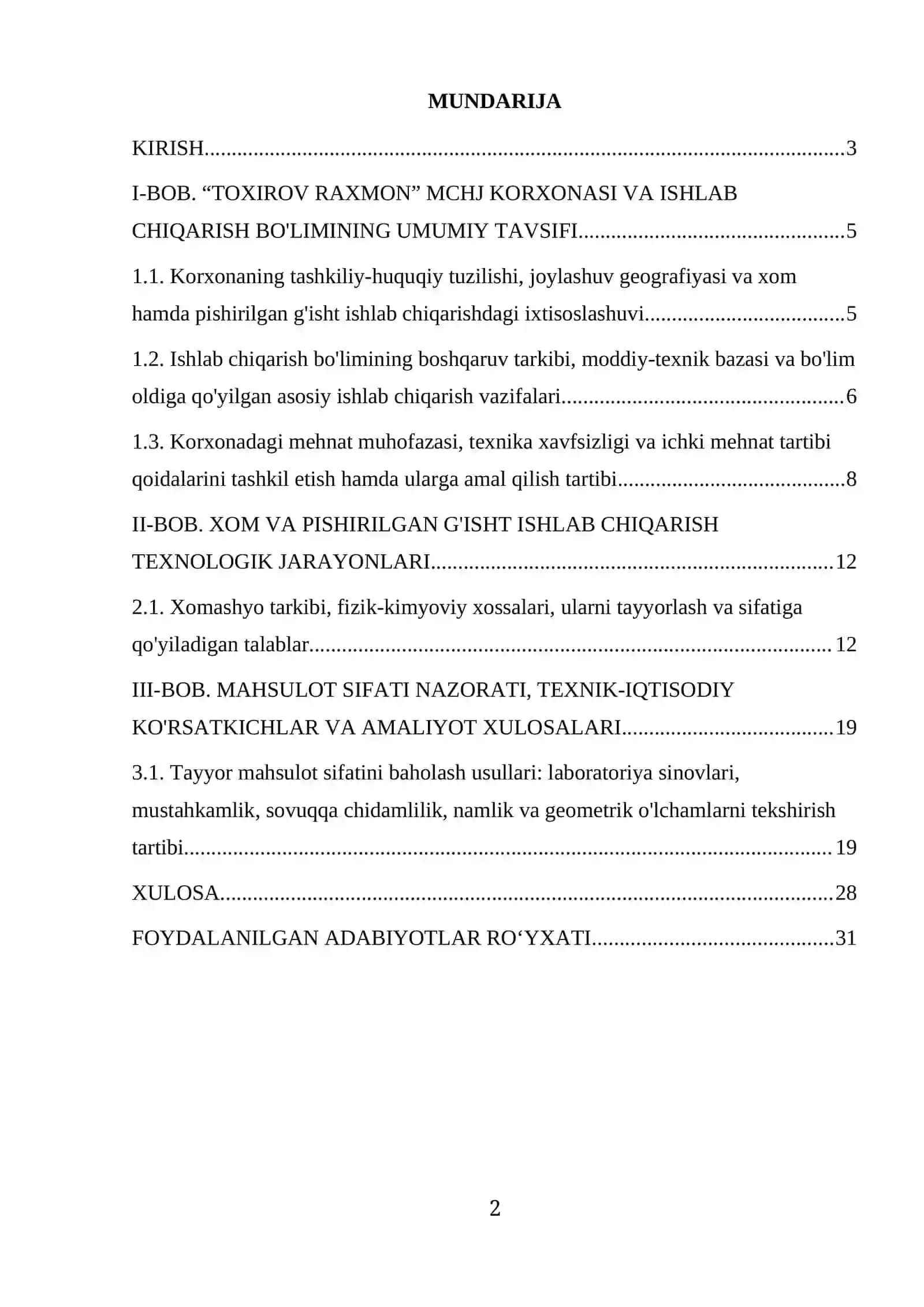 “Toxirov Raxmon” MCHJ Gisht ishlab chiqaradi.  Amaliyot hisoboti 2