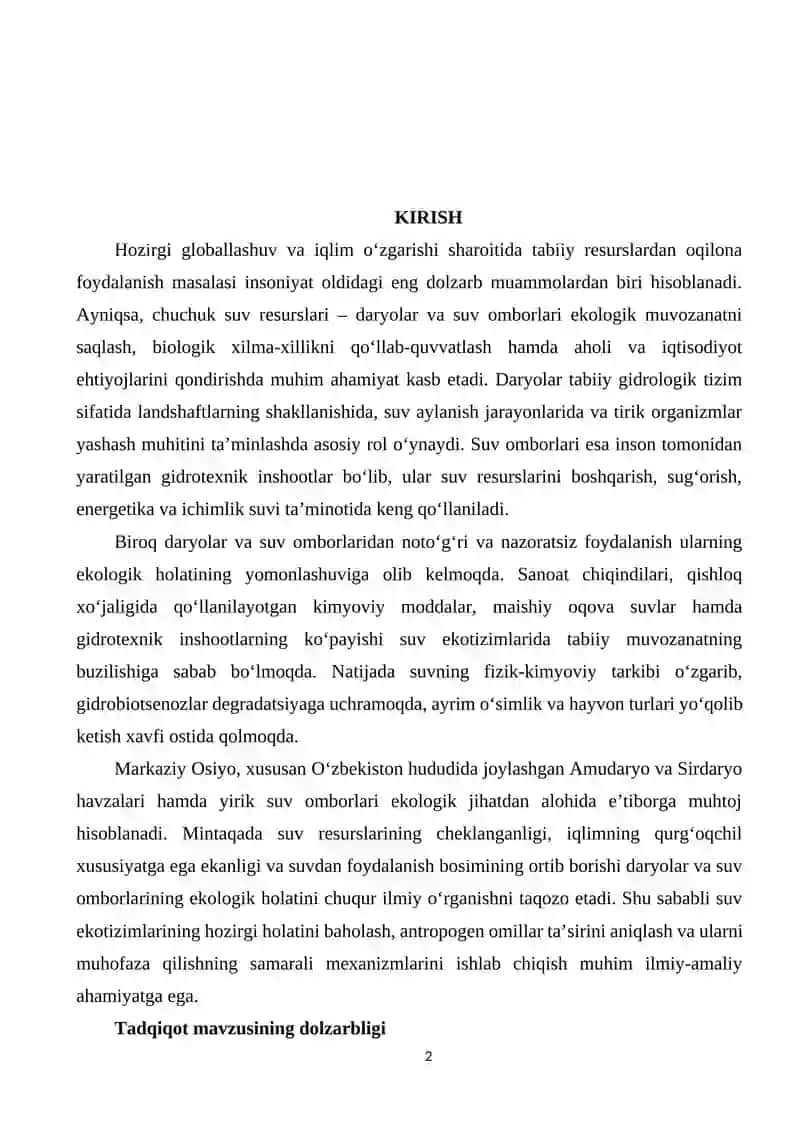 DARYOLAR VA SUV OMBORLARINING EKALOGIK XUSUSIYATLARI 2