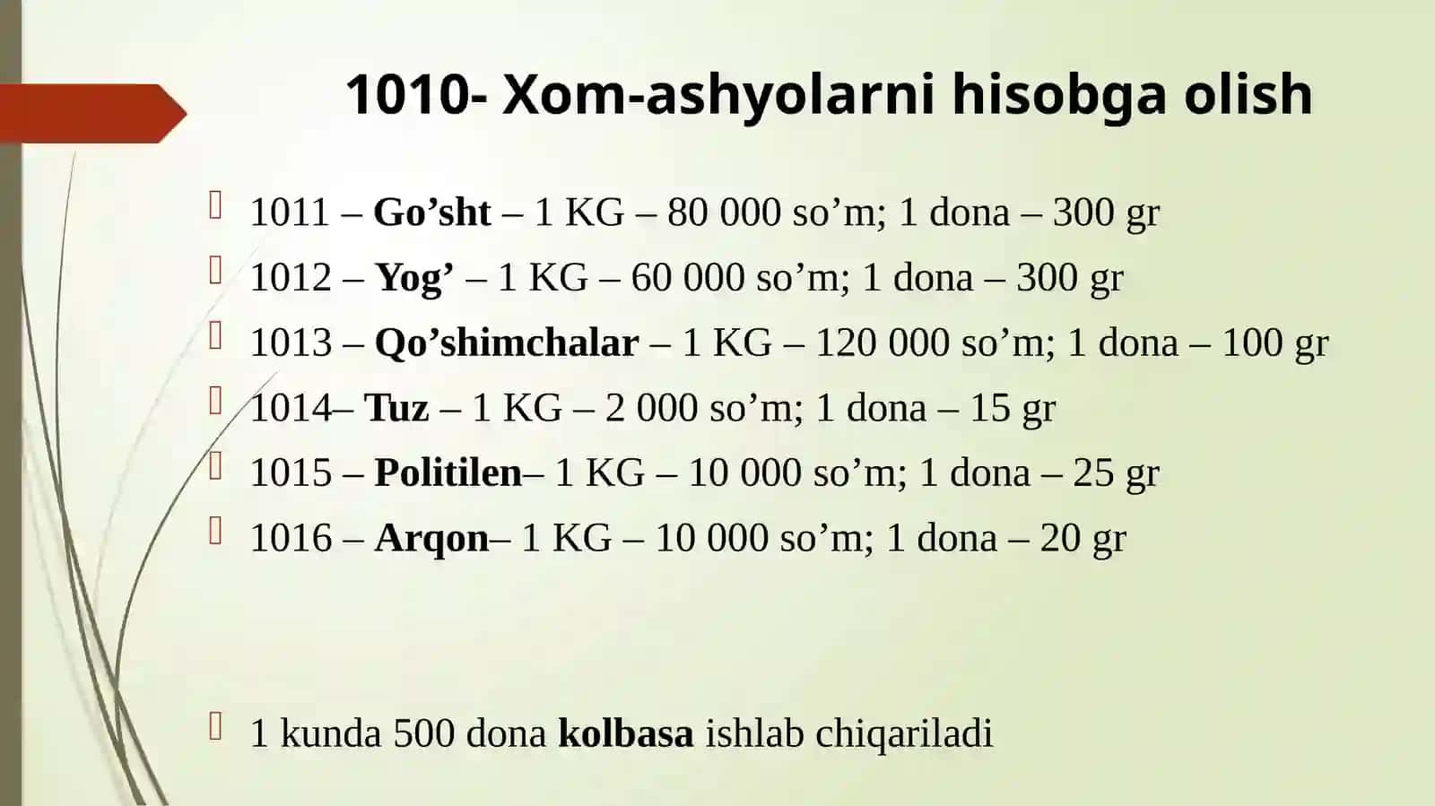 Xom ashyolarni xarid qilish. Mahsulot narxi hisobi 2