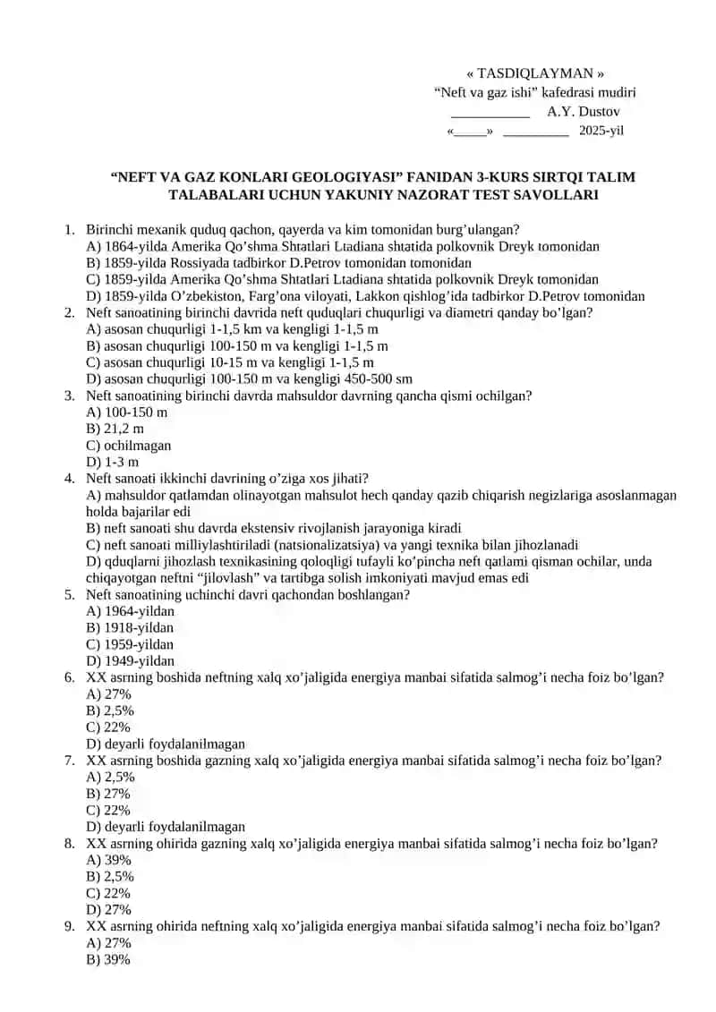 NEFT VA GAZ KONLARI GEOLOGIYASI 3-KURS SIRTQI TALIM TALABALARI UCHUN YAKUNIY NAZORAT TEST SAVOLLARI 2
