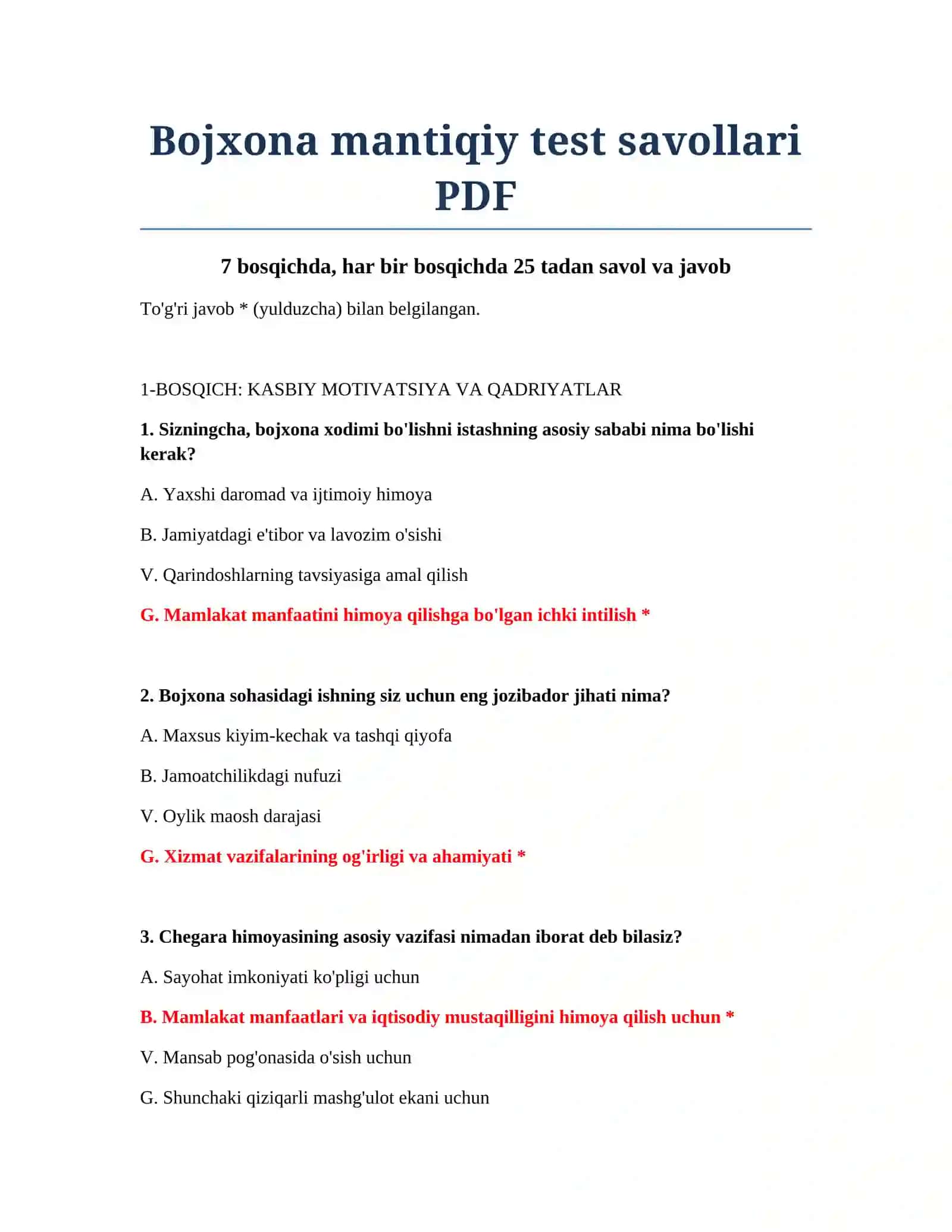 Bojxona mantiqiy test savollari PDF 2