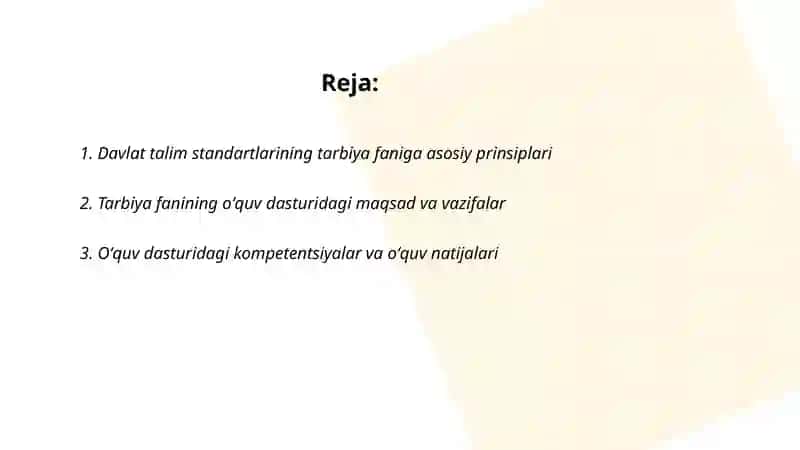 Tarbiya fanini oʻqitishda davlat talim standartlari oʻquv dasturi 2